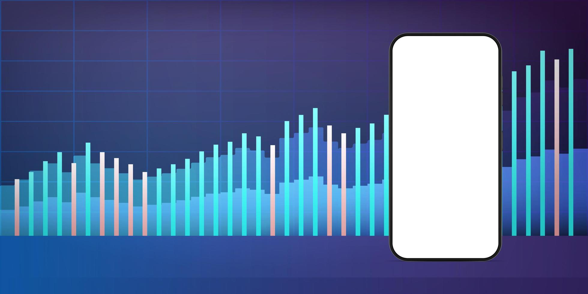 telefon med en vit skärm på bakgrunden av finansiella diagram. begreppet analys, affärer eller handel på finansbörsen. vektor. vektor