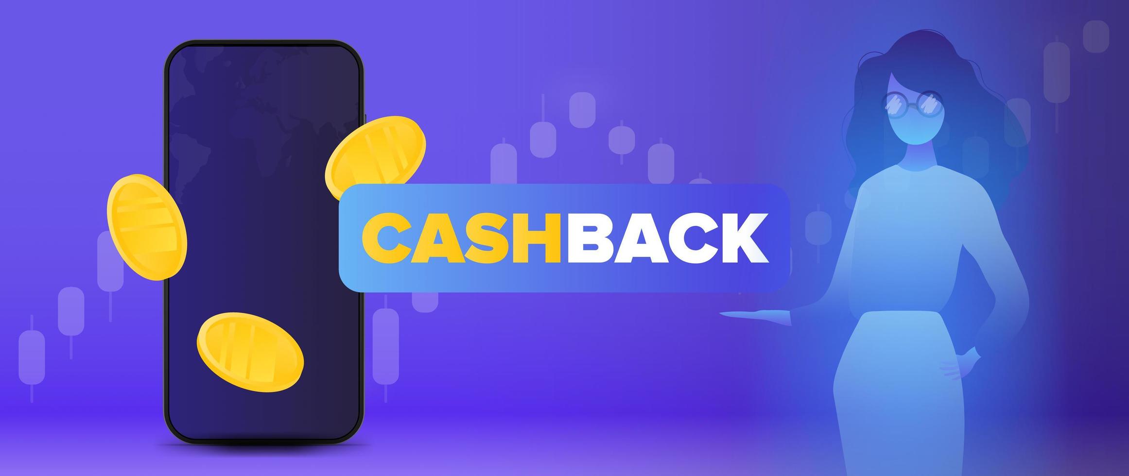 Cashback-Banner. Goldmünzen im Flug, Telefon. ein Hologramm eines Mädchens mit Brille. futuristische Silhouette eines Mädchens im Neonlicht. Vektor. vektor