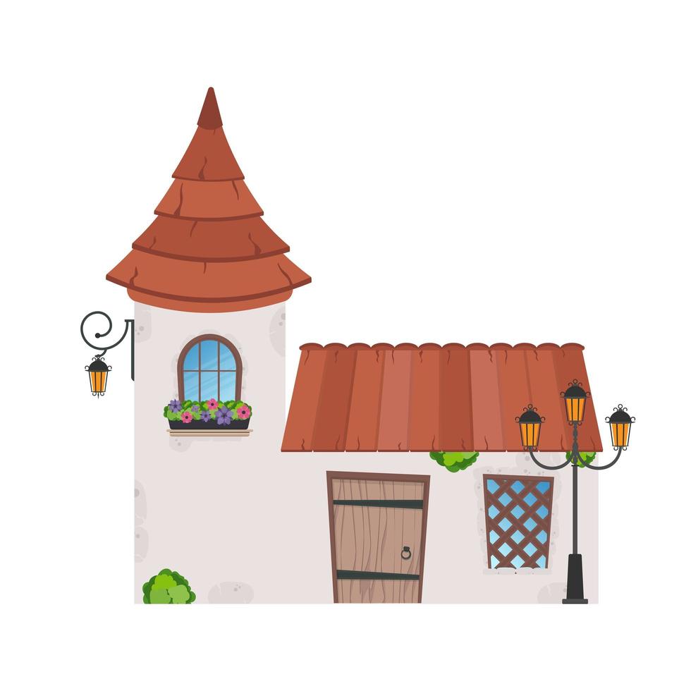 Haus mit Turm. Steingebäude mit Fenstern, Türen und Dach. Cartoon-Stil. für die Gestaltung von Spielen, Postkarten und Büchern. isoliert auf weißem Hintergrund. Vektor-Illustration. vektor