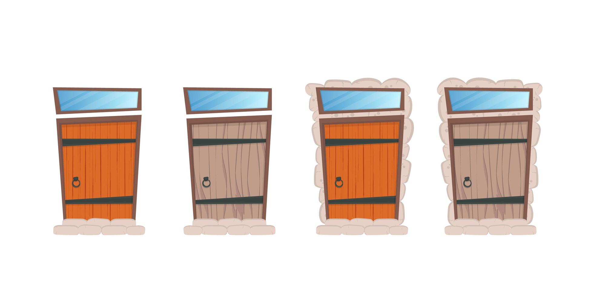 eine Reihe von rechteckigen Eingangstüren. Fenster über der Tür. Steinverkleidung. für die Gestaltung von Spielen oder Gebäuden. isoliert. Vektor. vektor