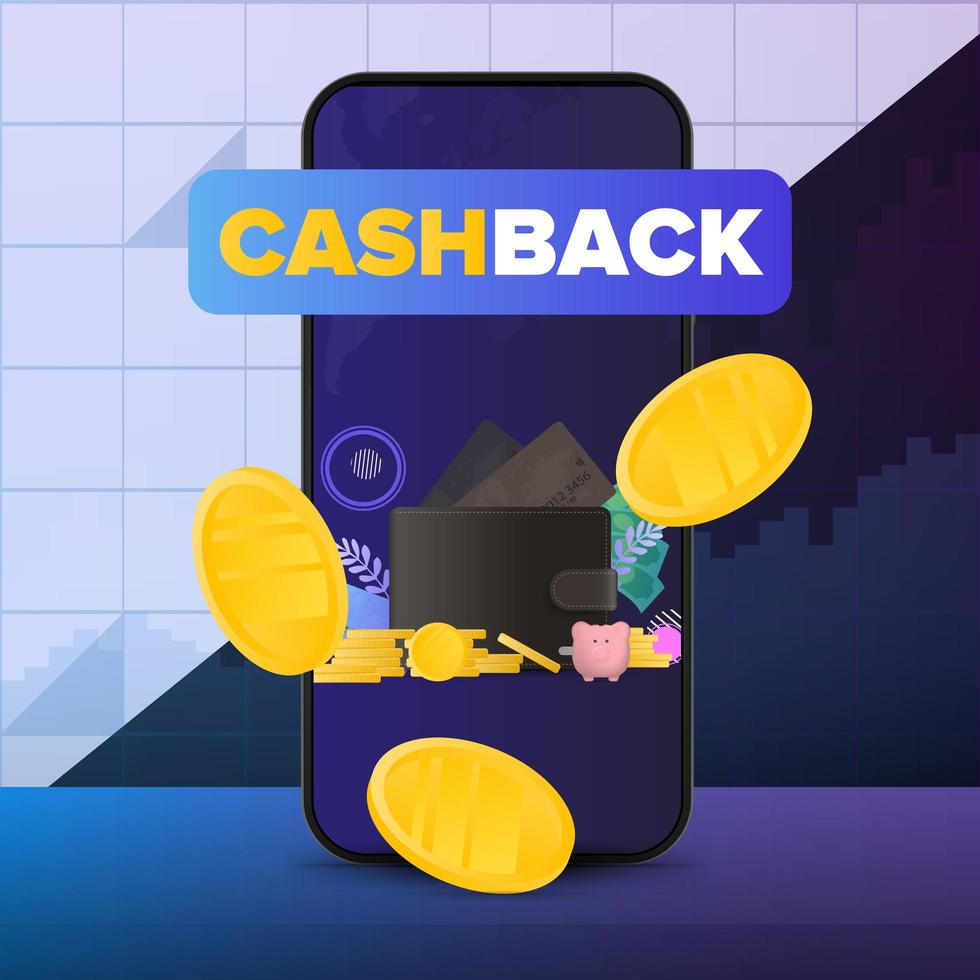 Cashback-Banner. Goldmünzen fallen in die Nähe des Telefons. das Konzept des Einkommens. Finanzdiagramm. Vektor-Illustration. vektor