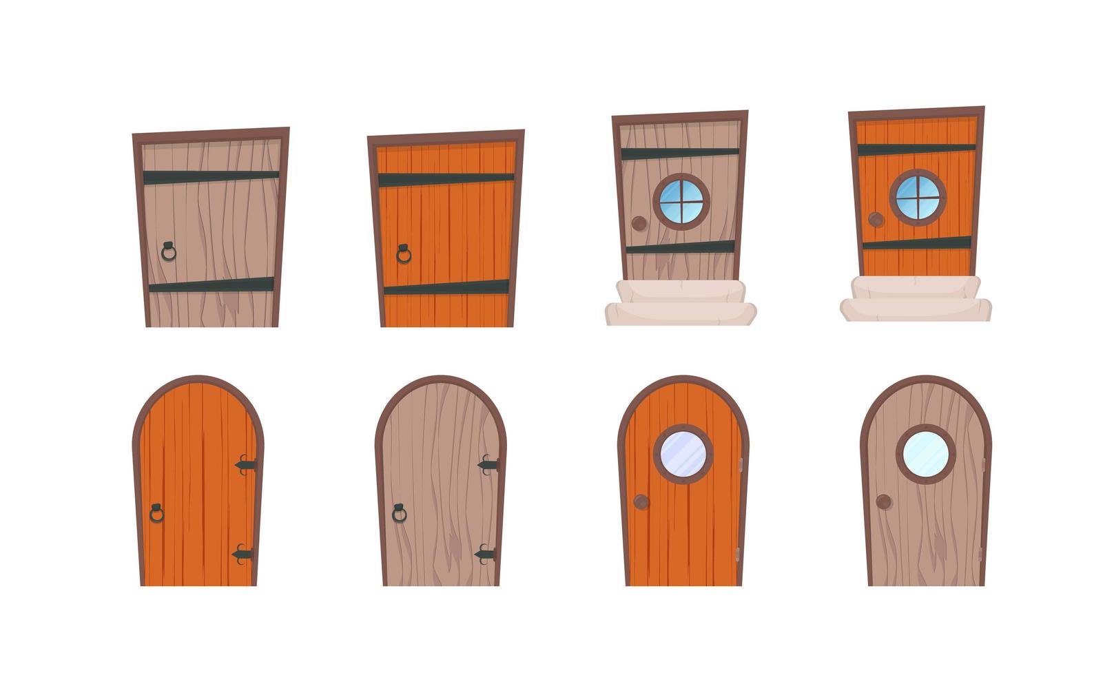 Reihe von Holztüren im Cartoon-Stil. Elemente für die Gestaltung von Spielen oder Häusern. isoliert. Vektor-Illustration. vektor
