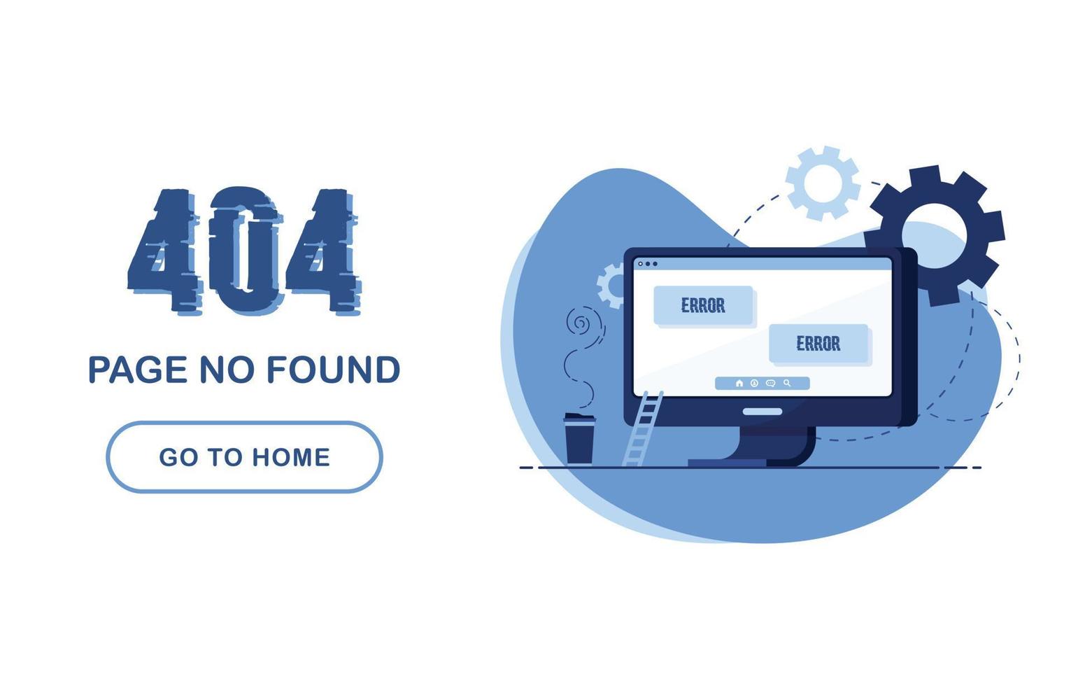 404-felsidan hittades inte. gå till hem banner. systemfel, trasig sida. inredning med dator och skrivbord. för webbplats. problemrapport. blå och vit vektor