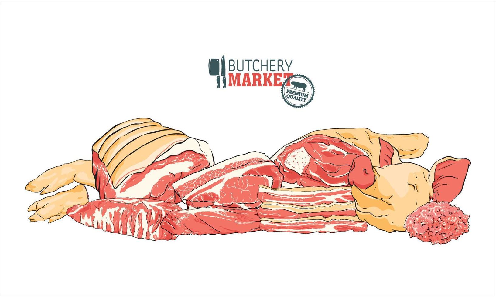 stücke vom schweinefleisch teil vom schweinefleisch, fleischstück set. Jahrgang handgezeichnet. Fleischprodukt Metzgerei Poster. frisches fleischstück von schweinerippenkotelett und speckschinkenvektorillustration auf weiß. vektor