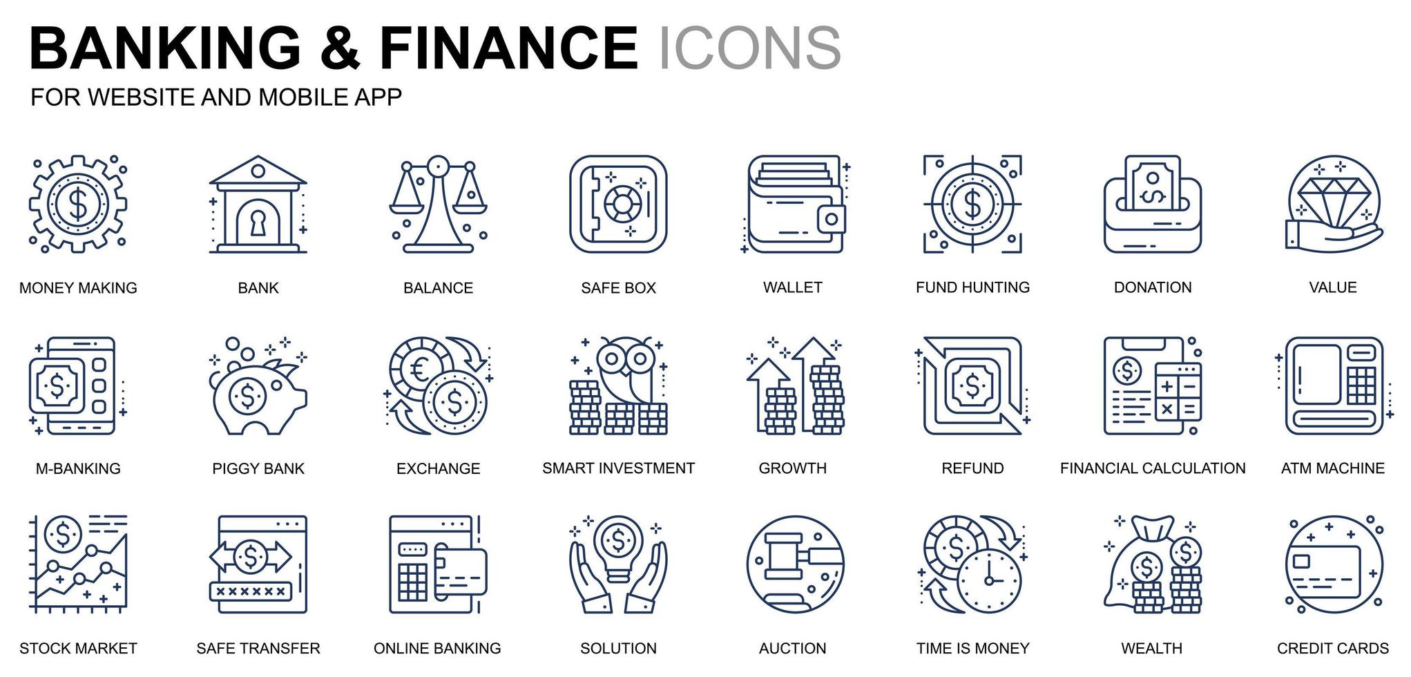 enkla bank- och finanslinjeikoner för webbplatser och mobilappar. innehåller sådana ikoner som balans, e-bank, auktion, ekonomisk tillväxt. konceptuell färg linje ikon. vektor piktogram pack.