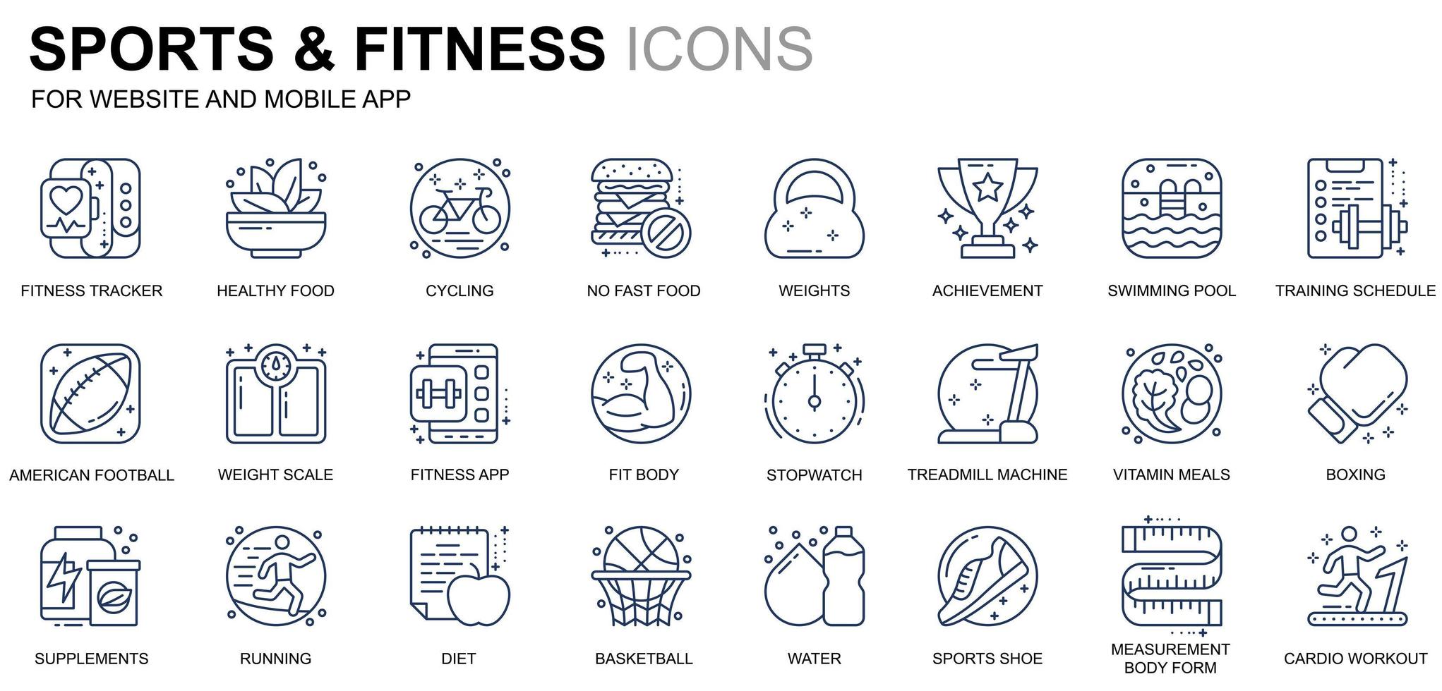 enkla inställningar för sport- och fitnesslinjeikoner för webbplatser och mobilappar. innehåller sådana ikoner som vältränad kropp, simning, fitnessapp, kosttillskott. konceptuell färg linje ikon. vektor piktogram pack.