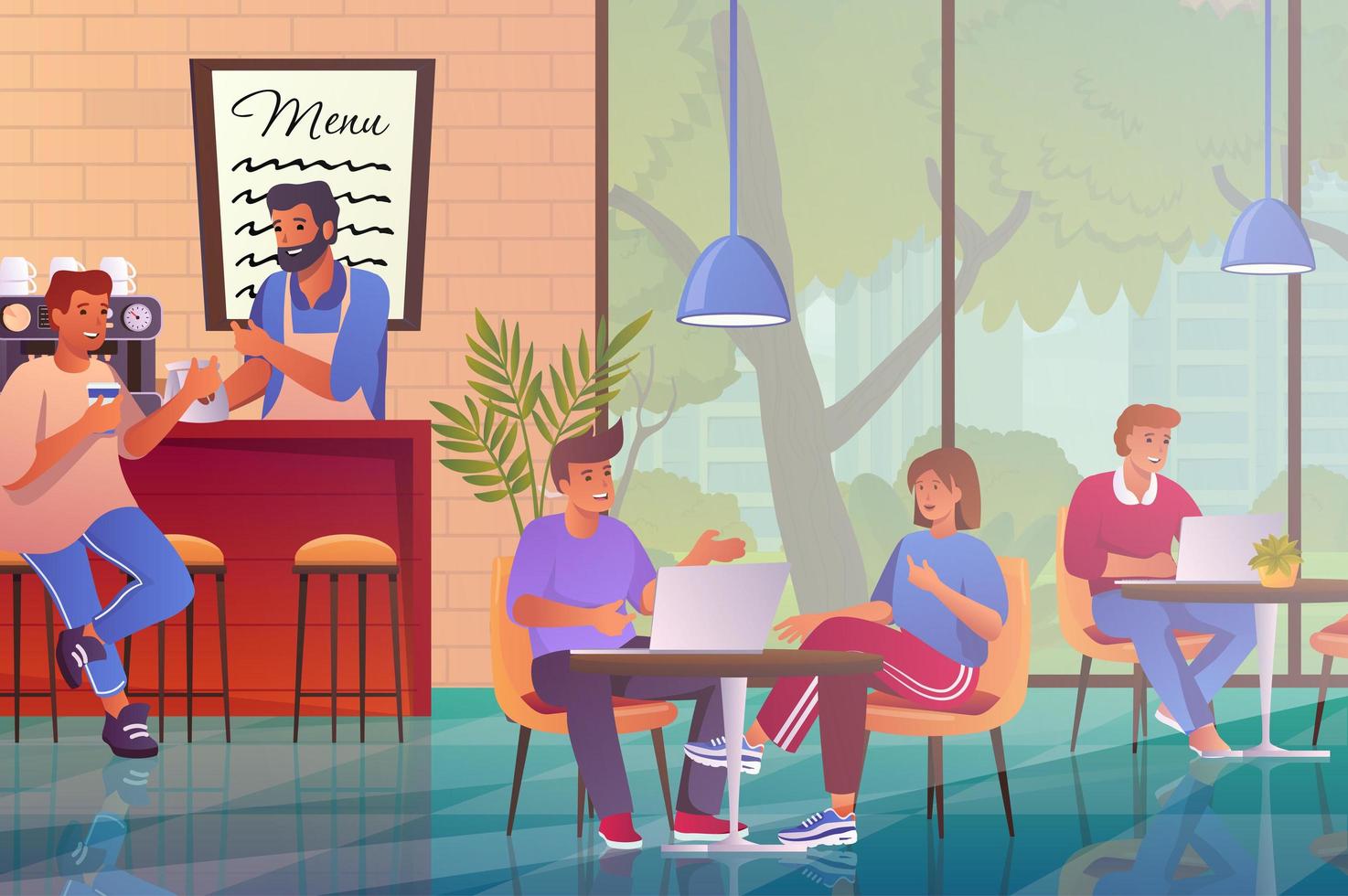 modernes interieur des cafés mit besucherkonzept im flachen karikaturdesign. Männer und Frauen sitzen in der Cafeteria am Tisch. barista, der dem kunden kaffee kocht. vektorillustration mit personenszenenhintergrund vektor