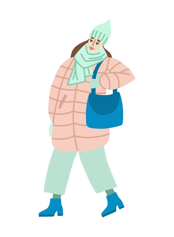 eine frau geht einkaufen in winterkleidung, hochhackigen schuhen, culottes, einer voluminösen daunenjacke, einem hohen hut und einer voluminösen shoppertasche. ein Mädchen in modischer Winterherbst-Freizeitkleidung. vektor