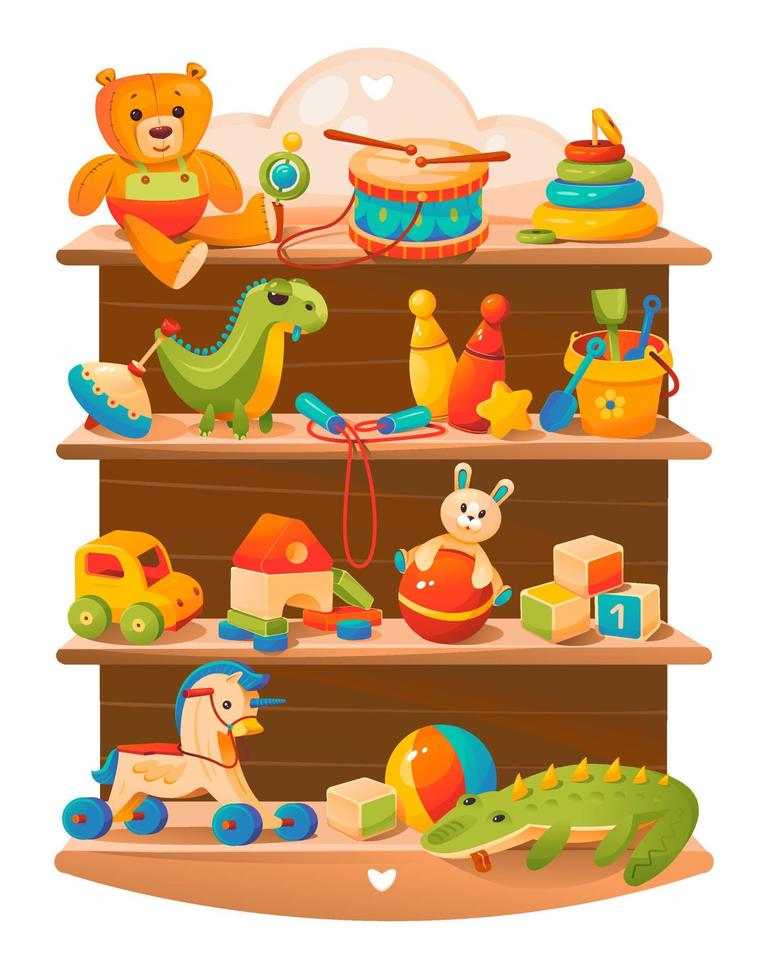Kinderspielzeug in den Regalen, Teddybär, Ball, Auto, Dinosaurier, Pony, Würfel, Trommel, Holzspielzeug, Pyramide. Cartoon-Vektor-Illustration vektor