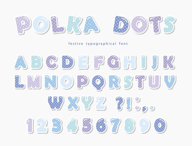 Gullig polka dots font i pastellblå. Paper cutout ABC bokstäver och siffror. Roligt alfabet. vektor