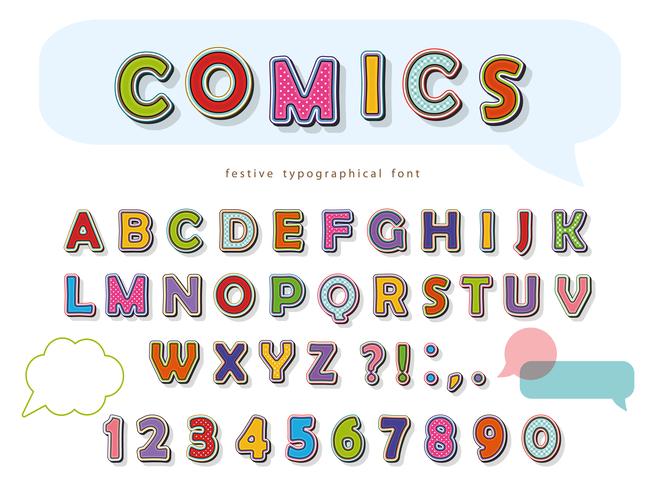Comic font design. Roliga pop art bokstäver och siffror. Vektor