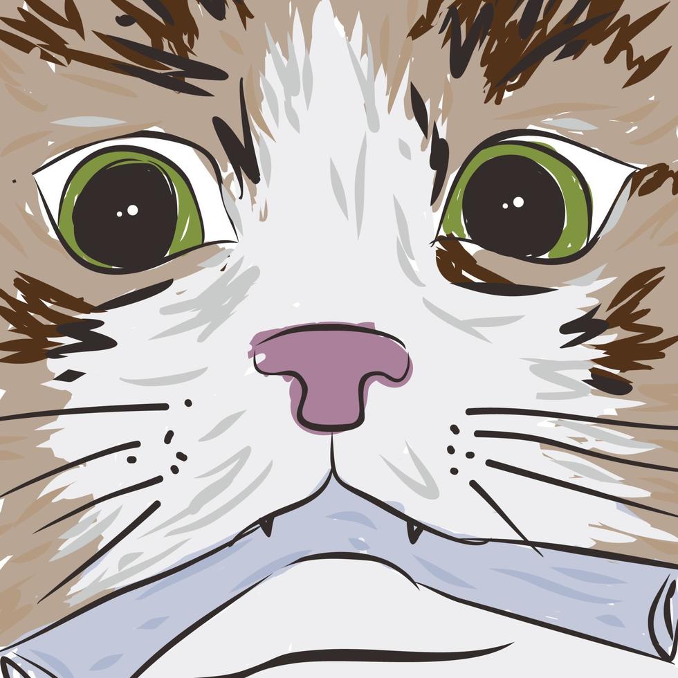 Illustration eines Katzengesichts, das in eine Papierrolle beißt vektor