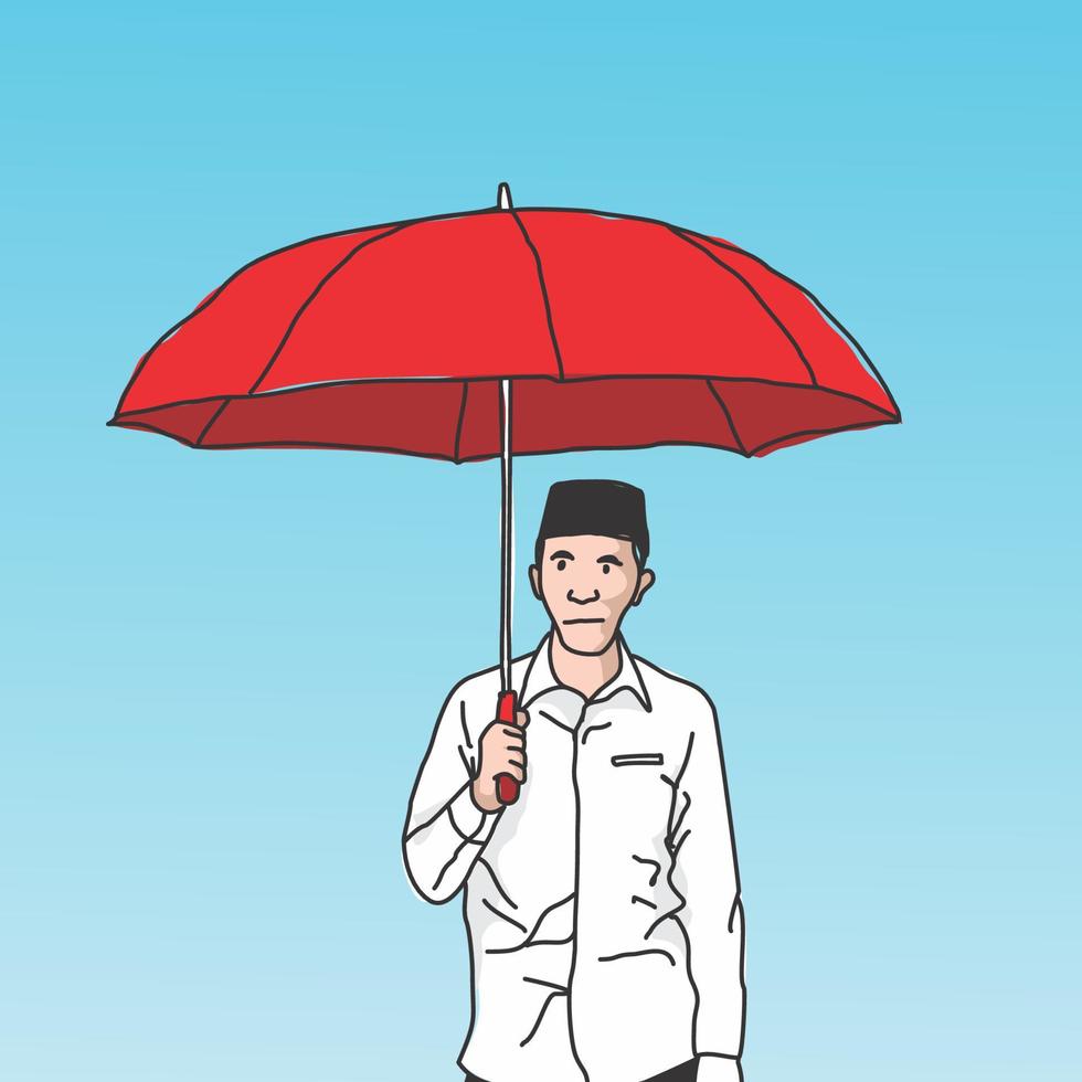 Abbildung eines Mannes, der weiße Kleidung trägt und einen roten Regenschirm trägt vektor