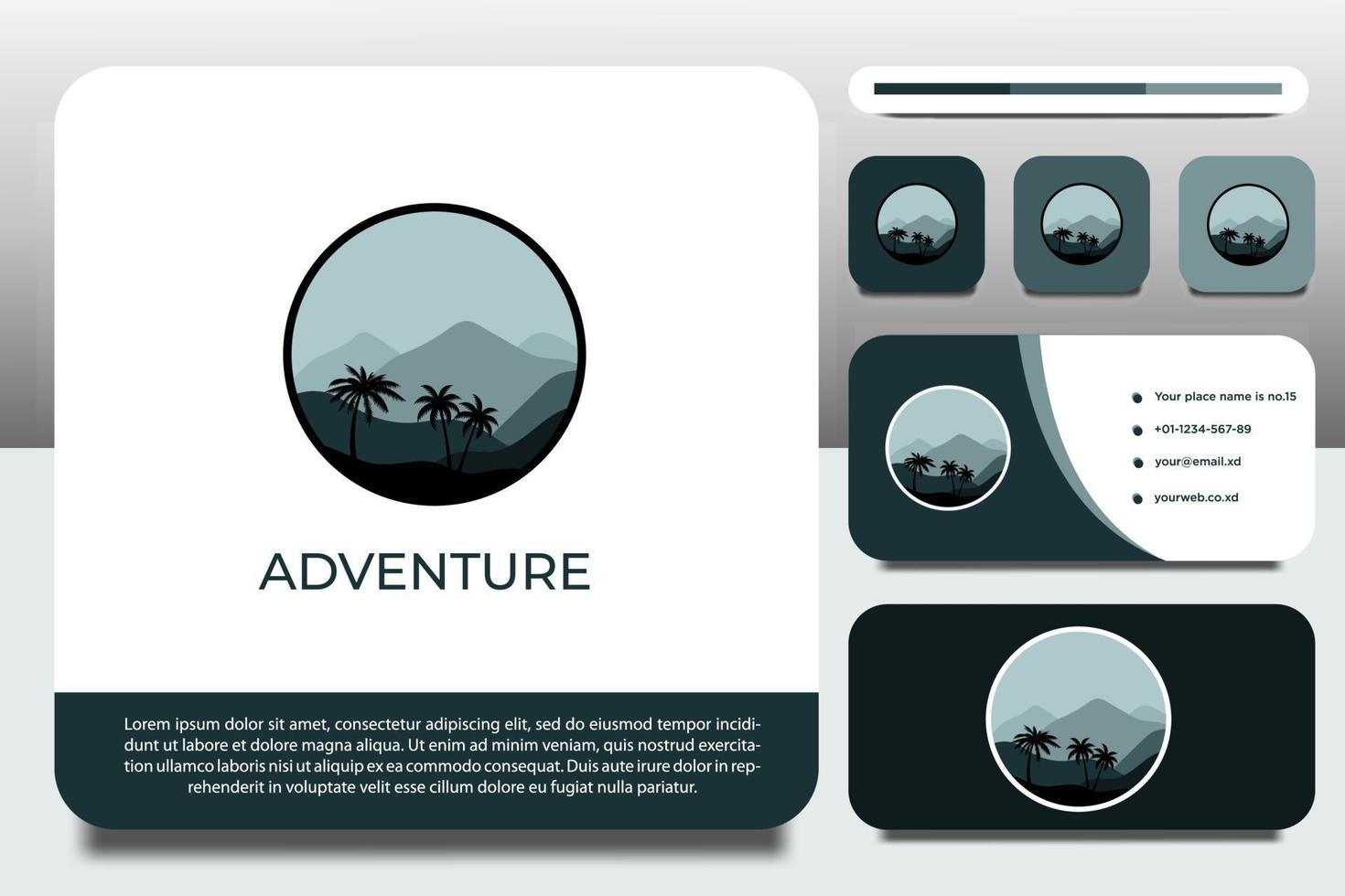 logotyp designmall, med landskap och berg ikon, med visitkort design vektor