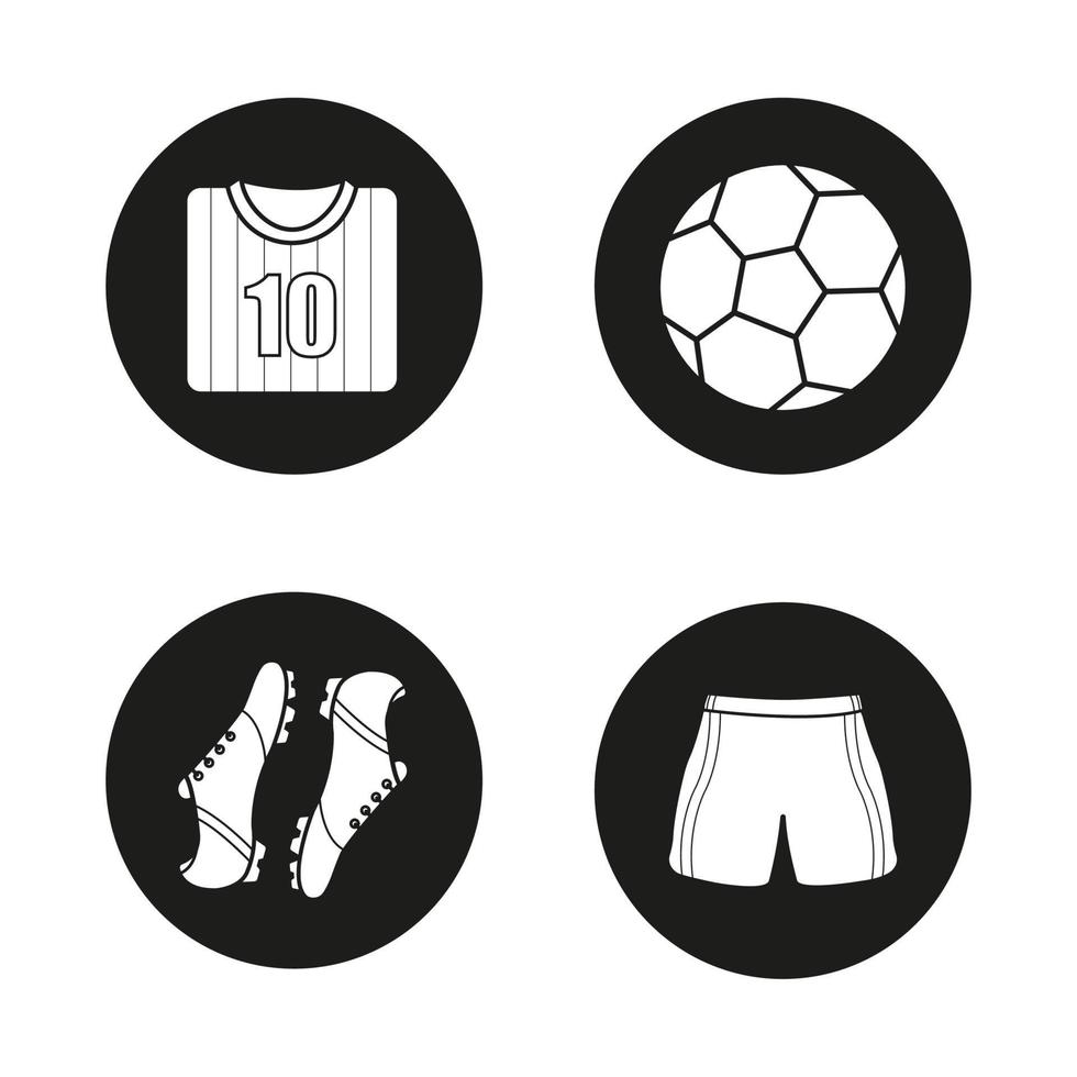 fotboll ikoner set. fotbollströja, stövlar och shorts, boll. fotbollsspelares dräkt. vektor vita silhuetter illustrationer i svarta cirklar