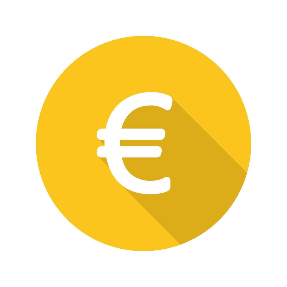 euro valuta tecken. platt design lång skugga ikon. Europeiska unionens pengar symbol. vektor siluett illustration
