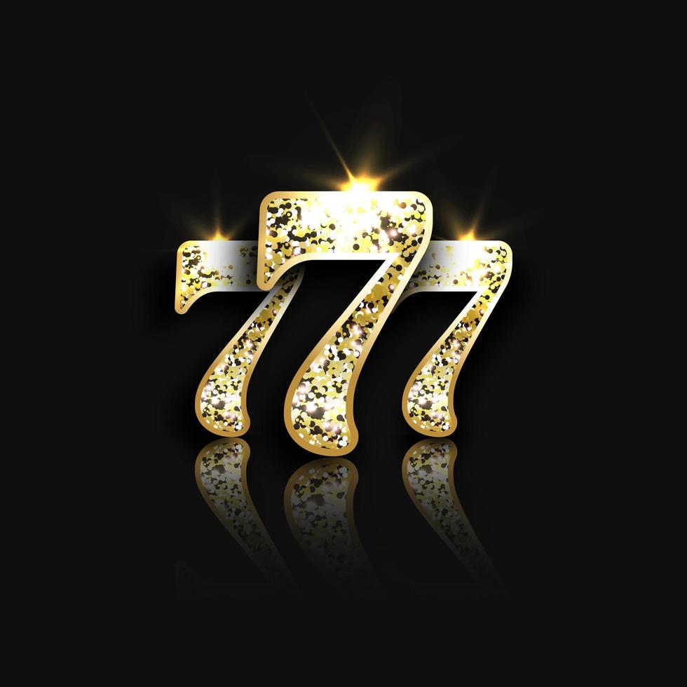 drei goldene glitzernde Siebener mit Reflektion auf schwarzem Hintergrund. Luxus-Casino-Banner Big Win Slots 777. Vektor-Illustration vektor