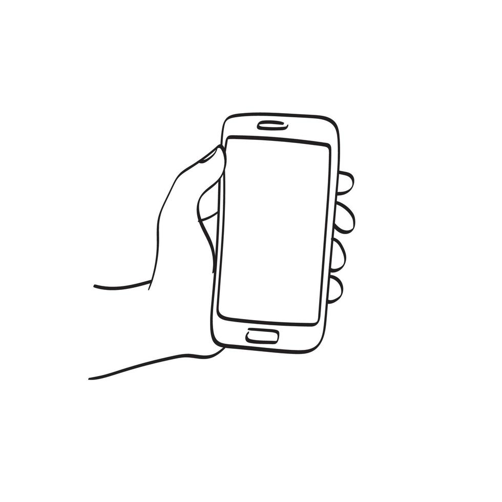 Linie Kunstnahaufnahmehand, die Smartphoneillustrationsvektorhand gezeichnet lokalisiert auf weißem Hintergrund hält vektor