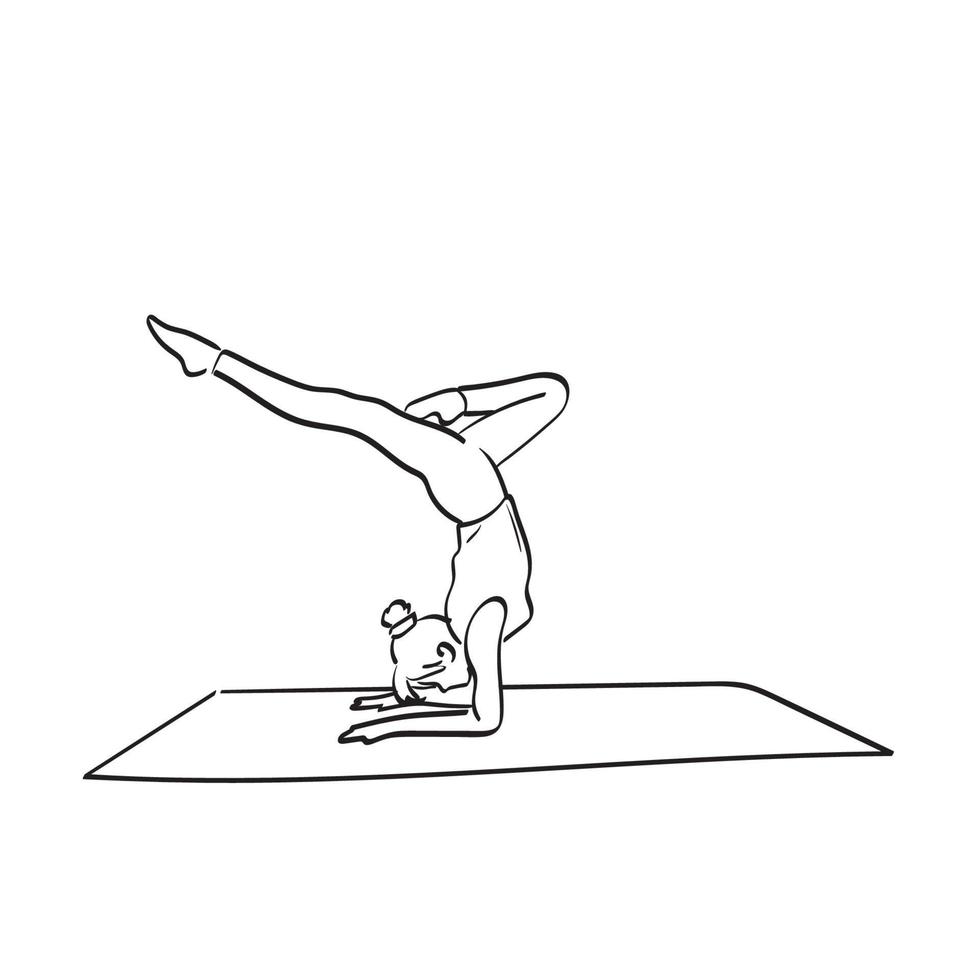 kvinna gör yoga på matta illustration vektor handritad isolerad på vit bakgrund linjekonst.