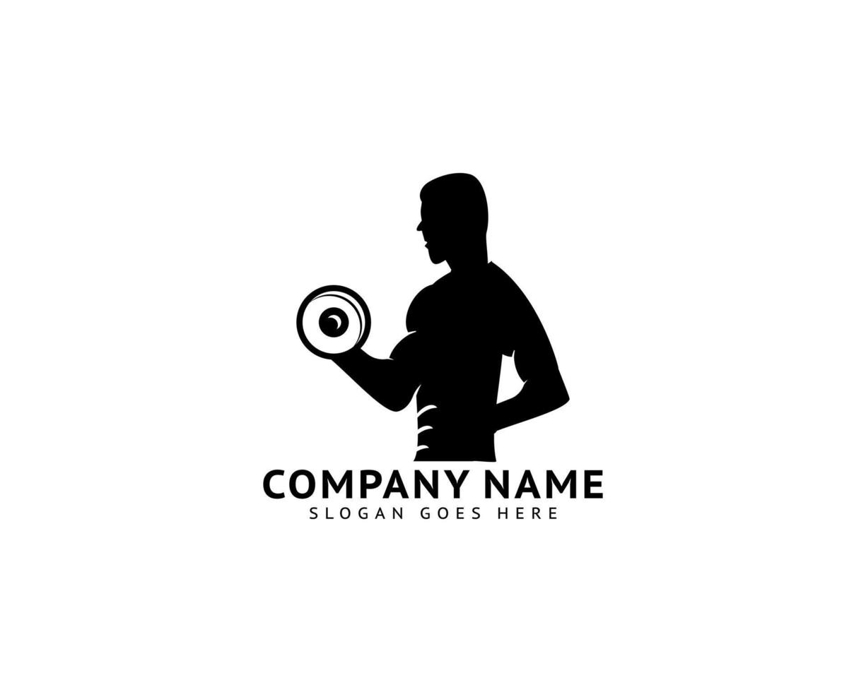fitnessclub-logo mit mannsilhouette, mann hält hantel vektor