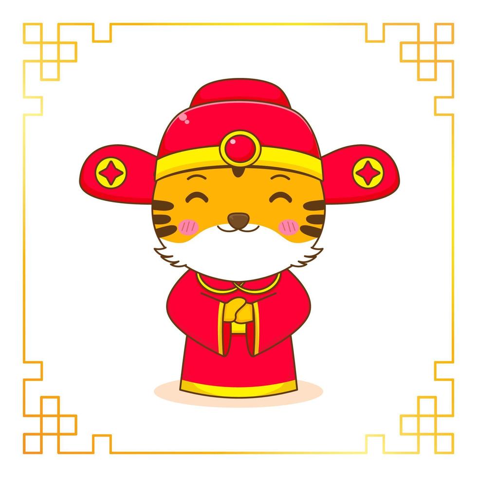 süßer tiger in der kostümzeichentrickfigur des gottes des reichtums. chinesische neujahrsfeier. vektor