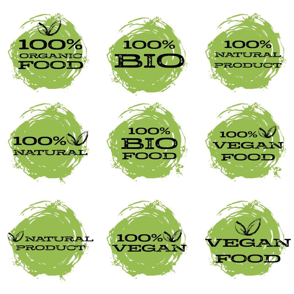 100 procent ekologisk mat, bioprodukter, naturliga frukter och grönsaker, vegansk matstämpel, märke, symbol, etikett eller logotyp. vektor illustration i platt stil.