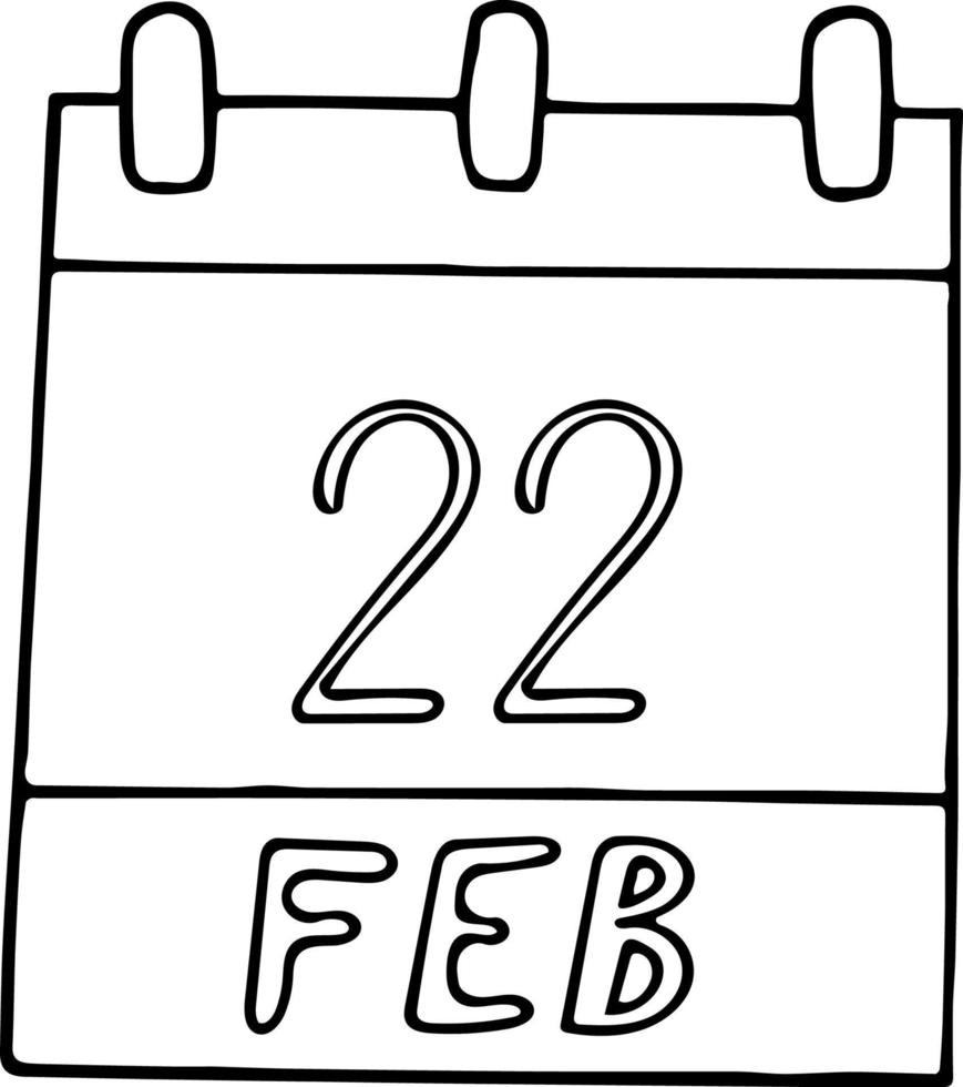 kalender hand dras i doodle stil. 22 februari dag, datum. ikon, klistermärke element för design. planering, affärssemester vektor