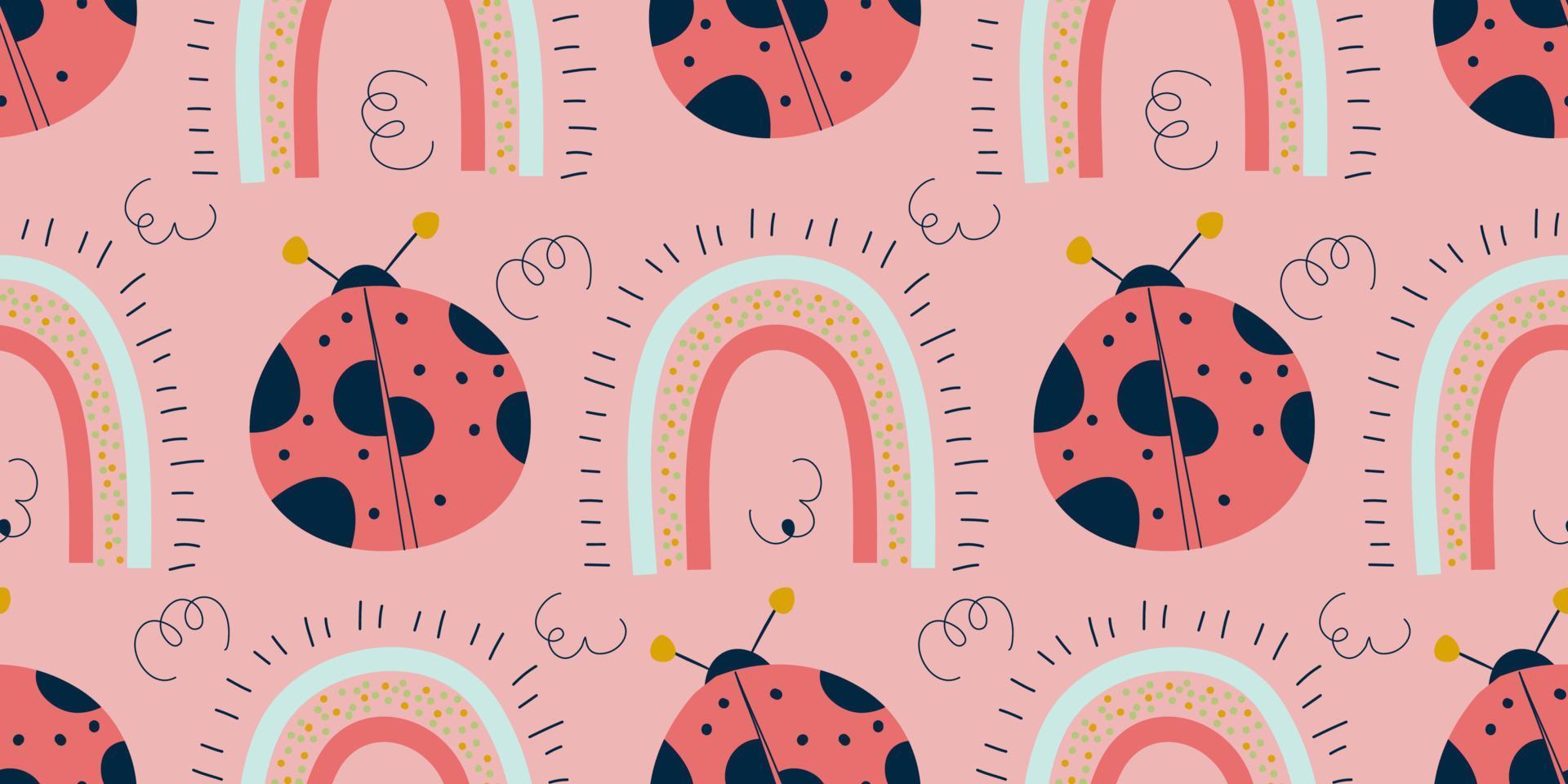 rosa skandinaviskt mönster med nyckelpiga och regnbåge. seamless mönster med nyckelpiga för våren. boho skandinavisk vår för barndesign. söt platt modern enkel design vektor