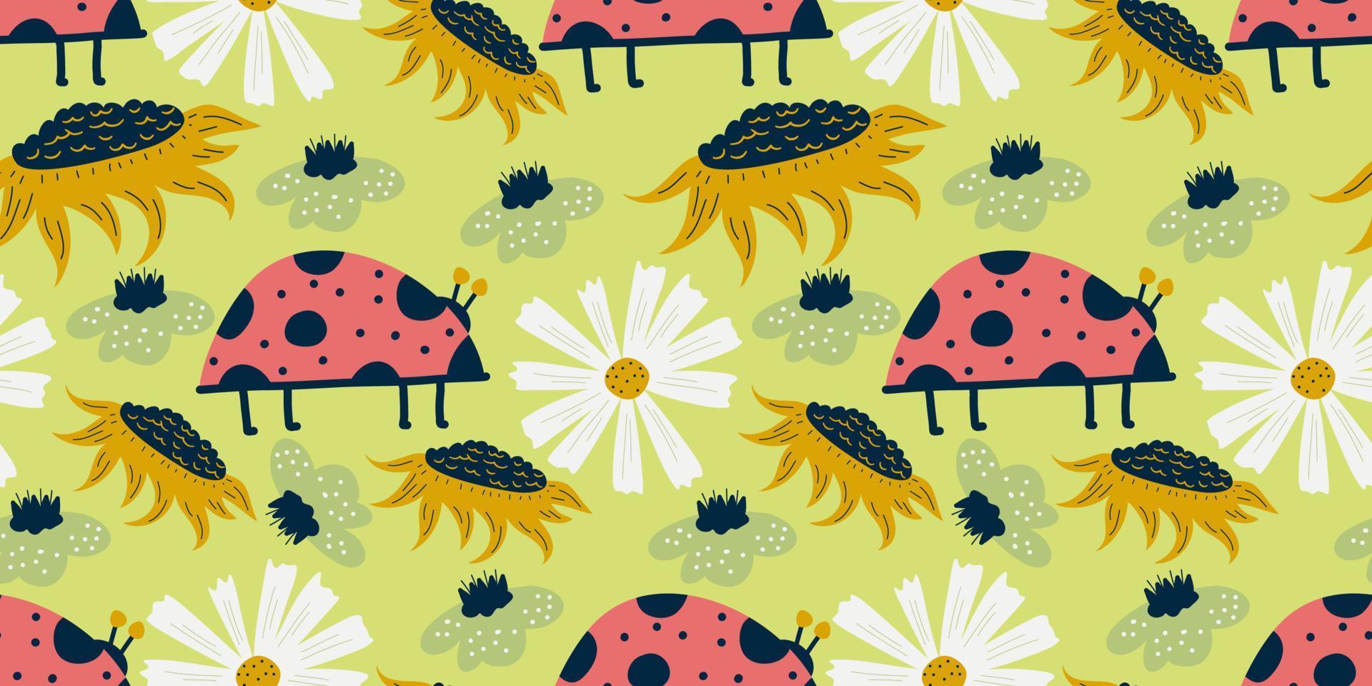 sömlösa mönster nyckelpiga och kamomill i skandinavisk stil. nordisk vår för barn textil. sommar blommig skandinavisk barnkammare design. nyckelpiga med kamomill och solros vektor