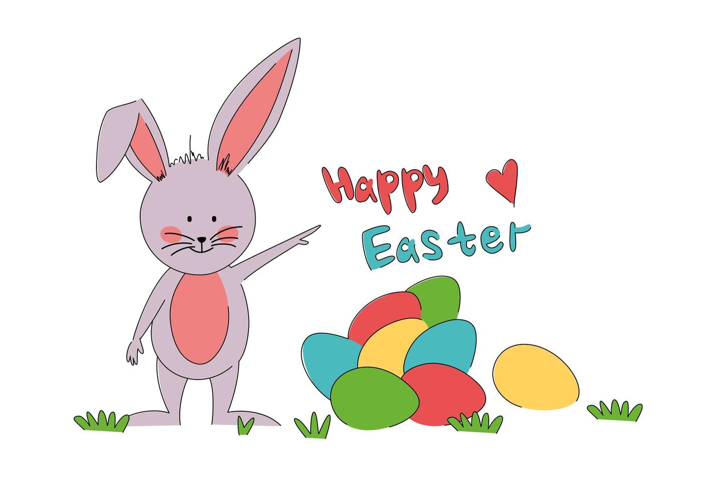 glad påsk gratulationskort. en kanin med ett gäng färgglada ägg står i en glänta. vektor