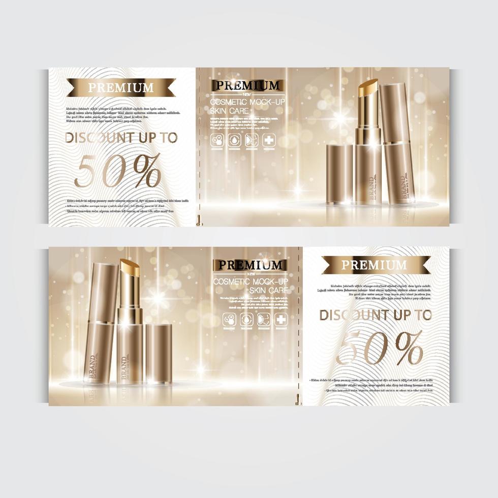 Geschenkgutschein für einen feuchtigkeitsspendenden Gesichtslippenstift für den Jahresverkauf oder den Festivalverkauf. braune und goldene lippenstiftmaskenflasche isoliert auf glitzerpartikelhintergrund. banner anmutige kosmetikanzeigen, illustration. vektor