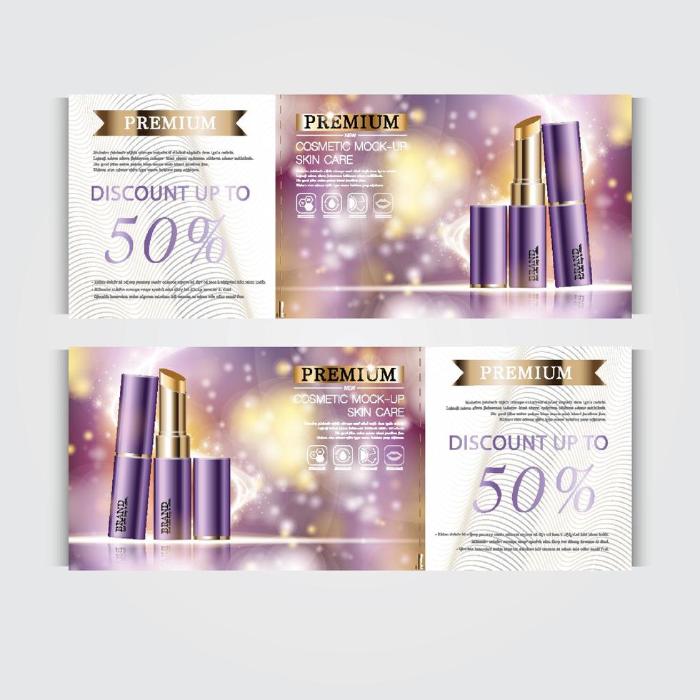 Geschenkgutschein für einen feuchtigkeitsspendenden Gesichtslippenstift für den Jahresverkauf oder den Festivalverkauf. lila und goldene lippenstiftmaskenflasche isoliert auf glitzerpartikelhintergrund. banner anmutige kosmetikanzeigen, illustration. vektor