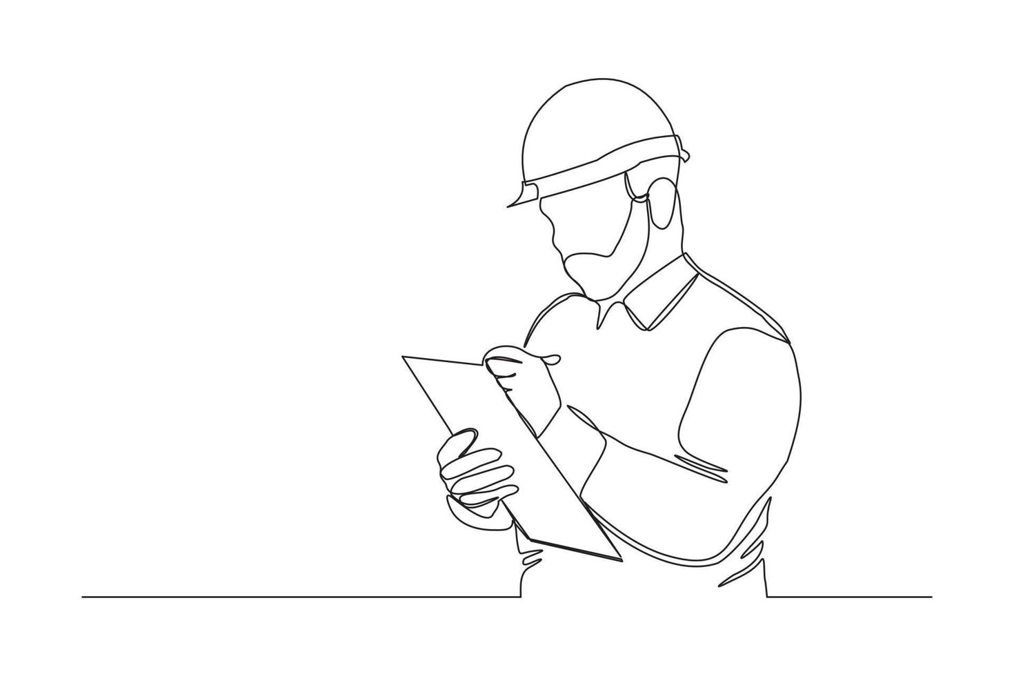 kontinuerlig linjeteckning av ung manlig arkitekt ingenjör arbetare stående skriva affärsanteckning på papper vid urklipp bär skyddshjälm. en enda linje affärsman koncept. vektor illustration