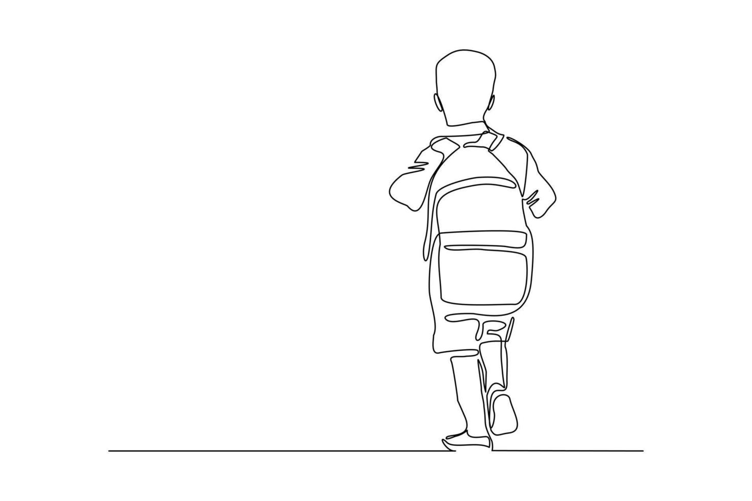 kontinuerlig linjeteckning av liten pojke man går på gatan. begreppet student person med väska gå till skolan. vektor illustration