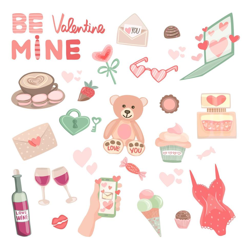 vektorsatz niedlicher cliparts für valentinstagpostkarten, poster. teddybär, kaffee, herzen, lutscher, süßigkeiten, liebesbriefe, flasche wein und gläser, cupcake, schriftzug. vektor