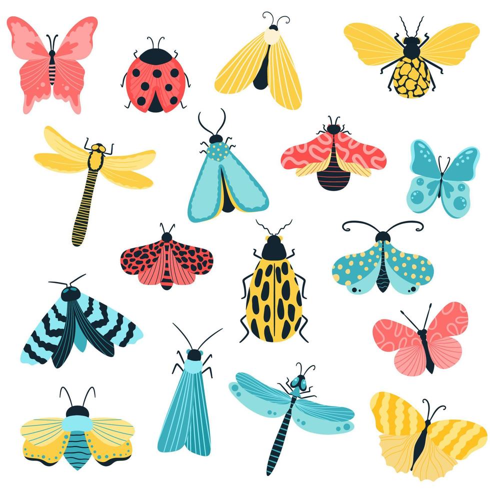 Schmetterlinge, Insekten und Blumen, handgezeichnete Sammlung verschiedener Elemente, isolierte Elemente auf weißem Hintergrund vektor