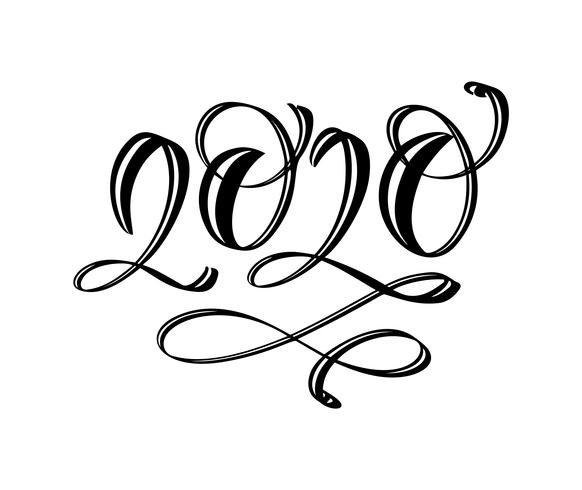 Hand gezeichneter Vektorbeschriftungskalligraphieschwarz-Zahltext 2020 Guten Rutsch ins Neue Jahr-Grußkarte. Weinlese-Weihnachtsillustrationsdesign vektor