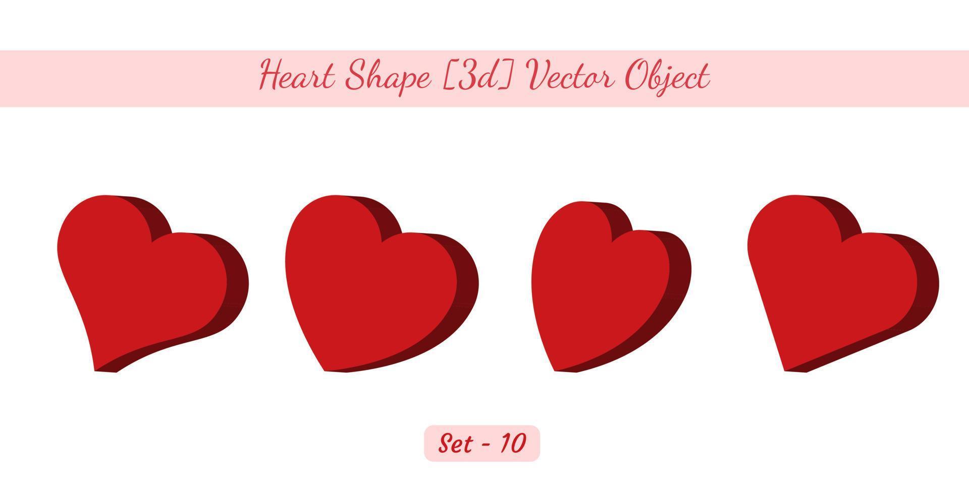 Flacher 3D-Herz-Objektsatz, Herzform-Vektorobjektsatz, der auf weißem Hintergrund erstellt wurde. vektor