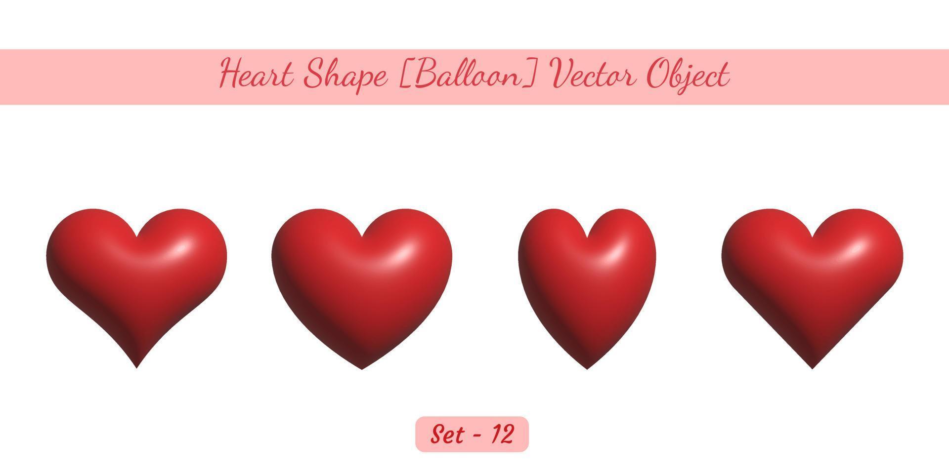 3D glänzender Herzformballon wie Objektsatz, Herzformvektorobjektsatz erstellt auf weißem Hintergrund. vektor