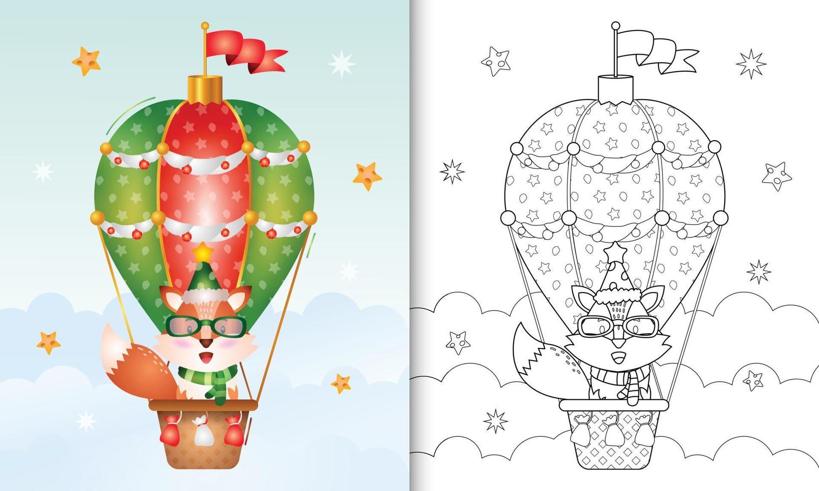 Malbuch mit niedlichen Fuchs-Weihnachtsfiguren auf Heißluftballon mit Hut und Schal vektor