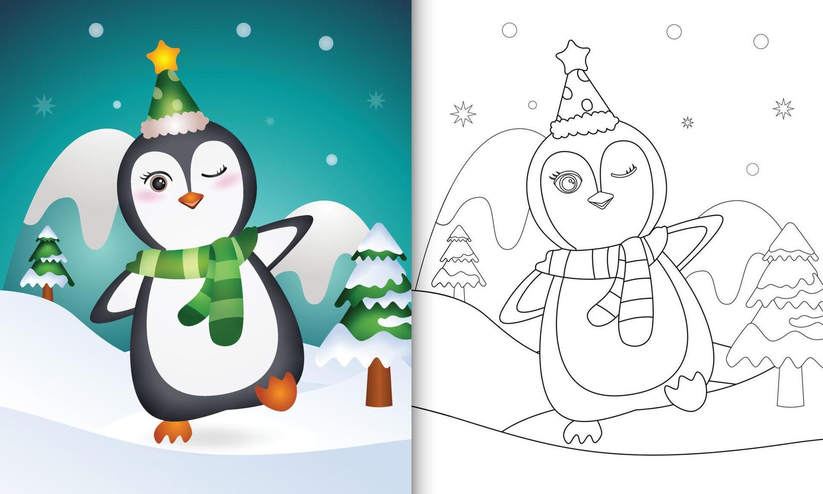 målarbok med en söt pingvin jul karaktärer med en hatt och halsduk vektor