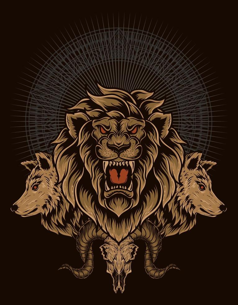 illustration lejon och varg huvud med get skalle vektor