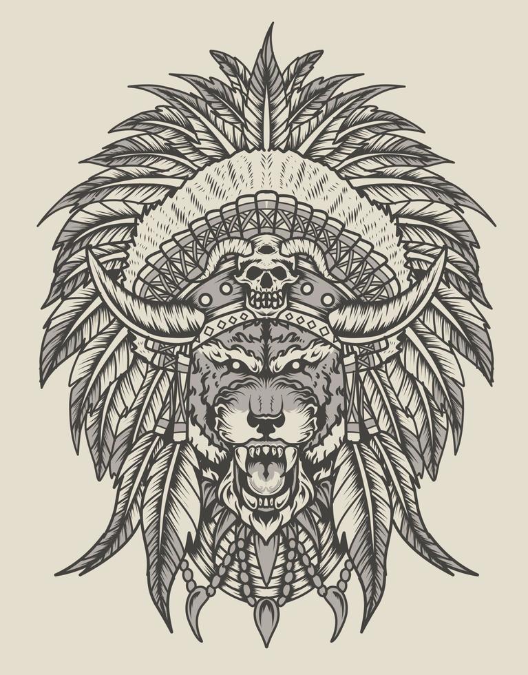 illustration indisk apache tiger monokrom stil vektor