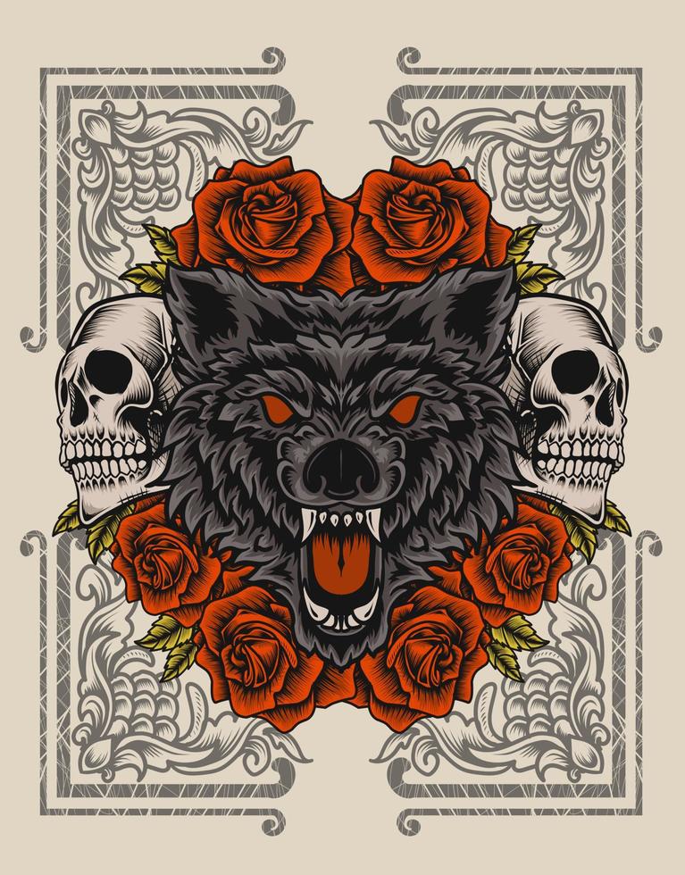 Illustration Wolfskopf mit Totenkopf und Rosenblüte vektor