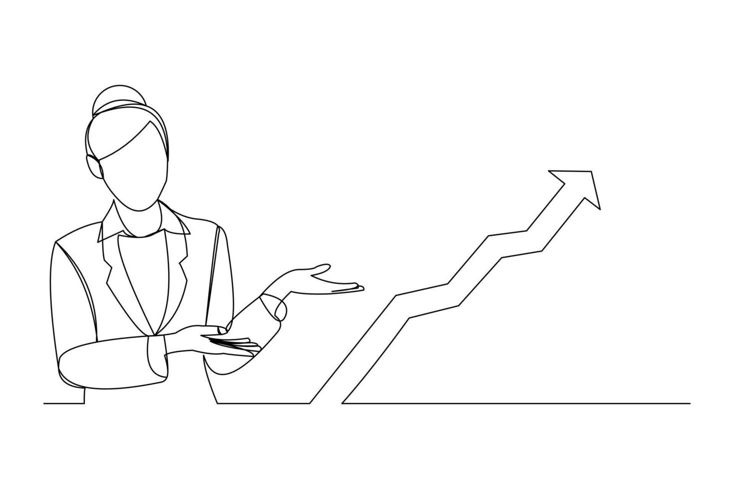 kontinuerlig linjeritning av stående affärskvinna visar växande grafiskt diagram. singel one line art of business öka framgången. vektor illustration