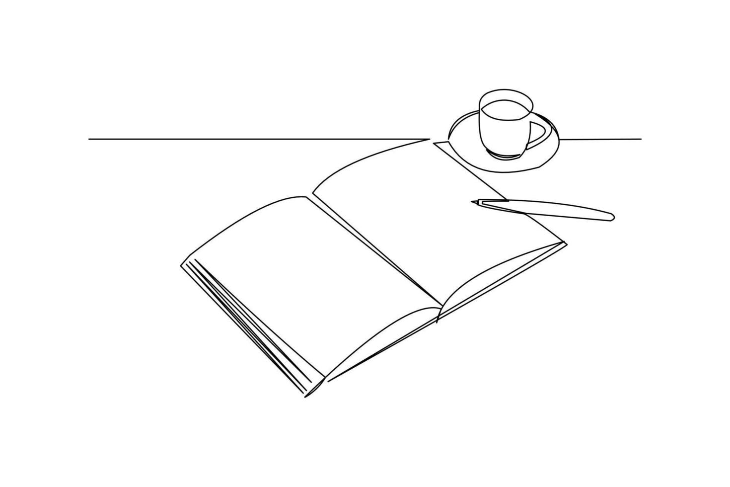 durchgehende Linienzeichnung eines offenen Buches neben einer Tasse Kaffee am Schreibtisch. Entwurf eines Geschäftskonzepts schreiben. moderne einzeilige kunst zeichnen design vektorgrafik illustration vektor