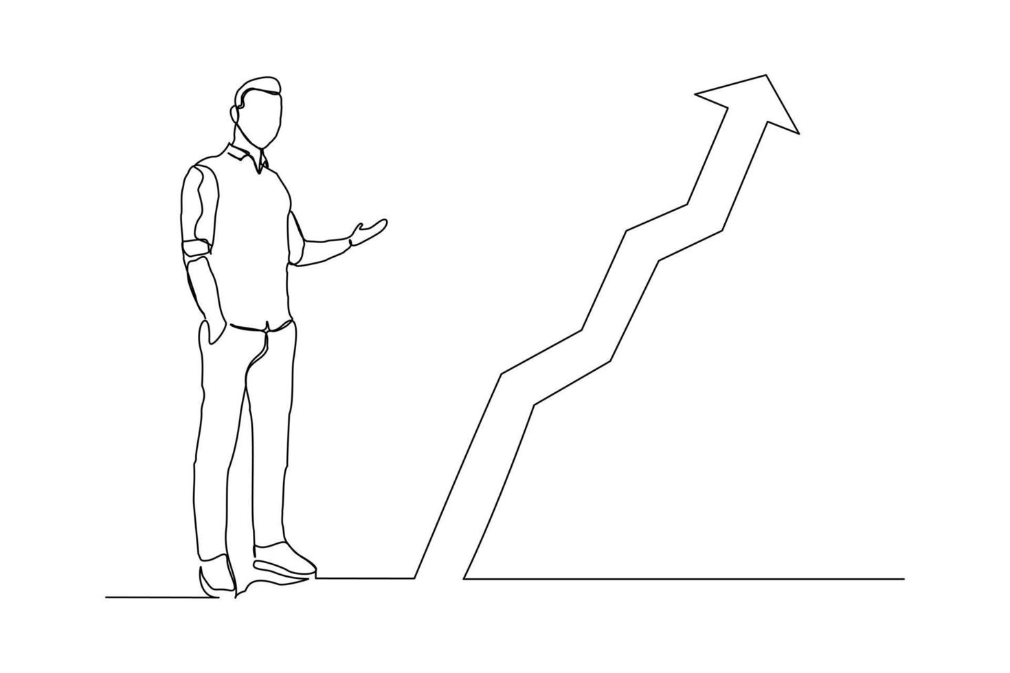 kontinuierliche Linienzeichnung des stehenden Geschäftsmannes zeigt wachsendes grafisches Diagramm. Eine einzelne Geschäftslinie steigert den Erfolg. Vektor-Illustration vektor