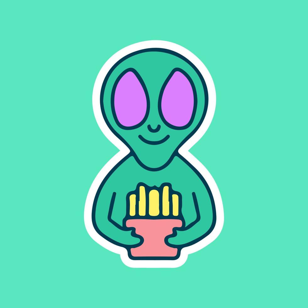 süßer Alien mit Pommes Frites. Illustration für T-Shirts, Poster, Logos, Aufkleber oder Bekleidungswaren. vektor