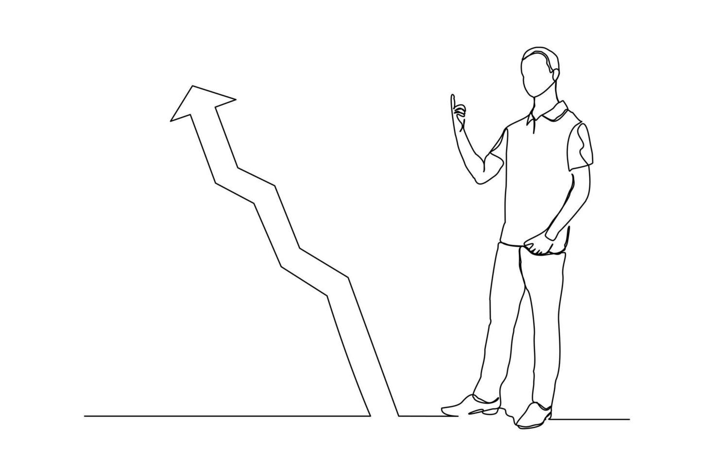 kontinuerlig linjeritning av stående affärsman visar växande grafiskt diagram. singel one line art of business öka framgången. vektor illustration