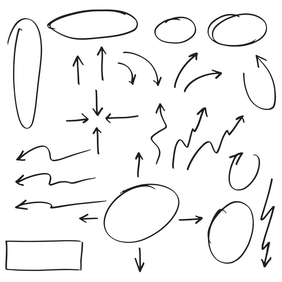 Doodle-Design-Element. gekritzellinien, pfeile, kreise und kurvenvektor. hand gezeichnete gestaltungselemente lokalisiert auf weißem hintergrund für infografik. vektor